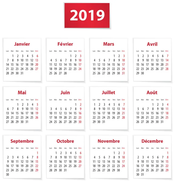 Календар 2019 Рік Французькою Мовою Білому Папері Векторні Ілюстрації Ліцензійні Стокові Ілюстрації