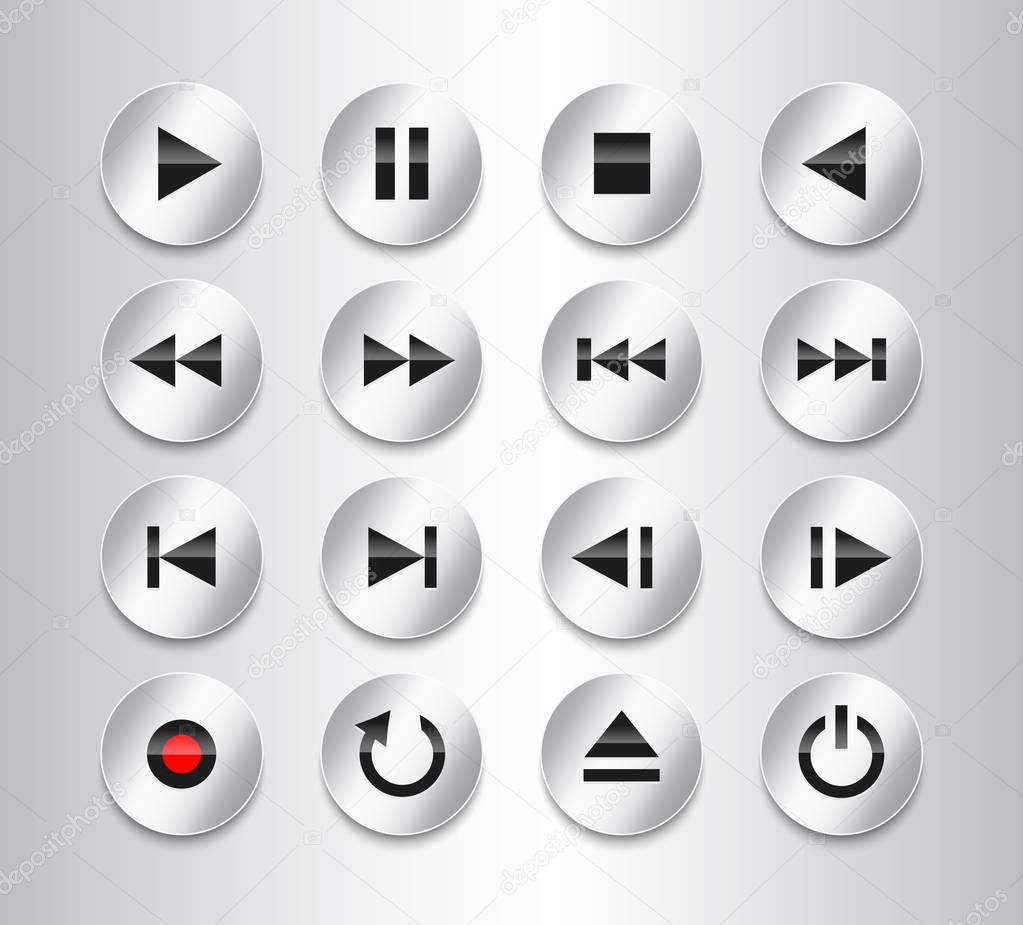 Metallic gray anf black multimedia icons. Glossy circle button set. Vector illustration