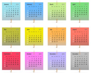 Takvim için renkli çıkartmalar kürdan ile bağlı olarak İngilizce 2019. Vektör çizim