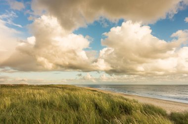 Kumsalda kum tepeleri ve marram otları, mavi gökyüzü ve yumuşak turuncu akşam günbatımında bulutlar. Hvidbjerg Strand, Blavand, Kuzey Denizi, Danimarka.
