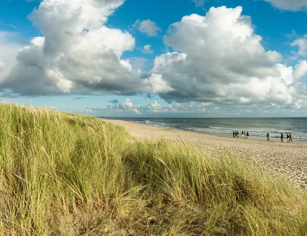 Sand am Strand mit einer Gruppe von Menschen, die an der Küste spazieren gehen. Blauer Himmel und dramatische Wolken am Wasser im sanften Abendlicht. Hvidbjerg Strand, Blavand, Nordsee, Dänemark. — Stockfoto