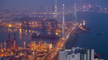Hong Kong Cityscape Stonecutters köprü zaman atlamalı ile bağlantı noktasının