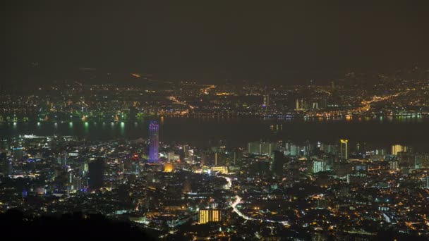 Penang nacht luchtfoto George Town, Maleisië timelapse — Stockvideo