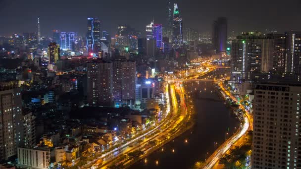 Ho Chi Minhstad nacht luchtfoto stadsgezicht, Vietnam timelapse — Stockvideo