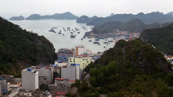 Landschap van City Cat Ba eiland, Ha Long Bay, Vietnam timelapse — Stockvideo