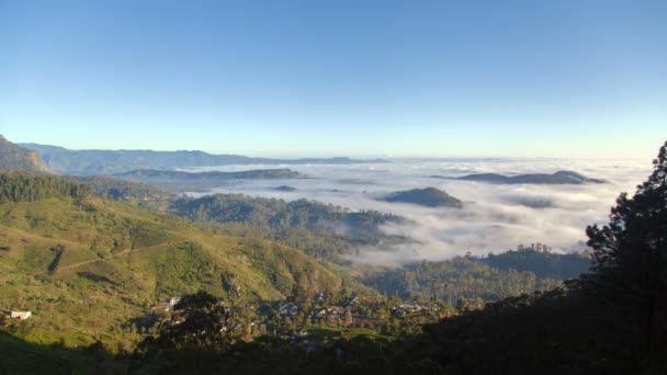 清晨的雾在清晨村庄空中风景, 斯里兰卡延时 — 图库视频影像