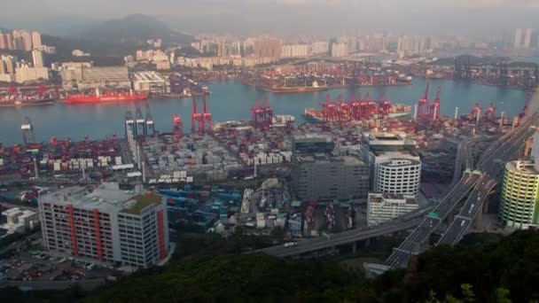 Containers Port skyview time-lapse Hong Kong. pan up — Stock Video