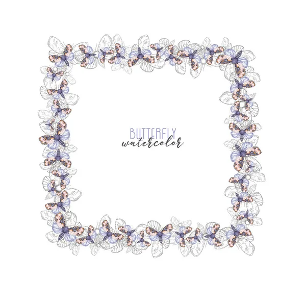 Díszítő Keret Kontúr Tér Egy Lila Színű Akvarell Pillangók Egy — Stock Fotó