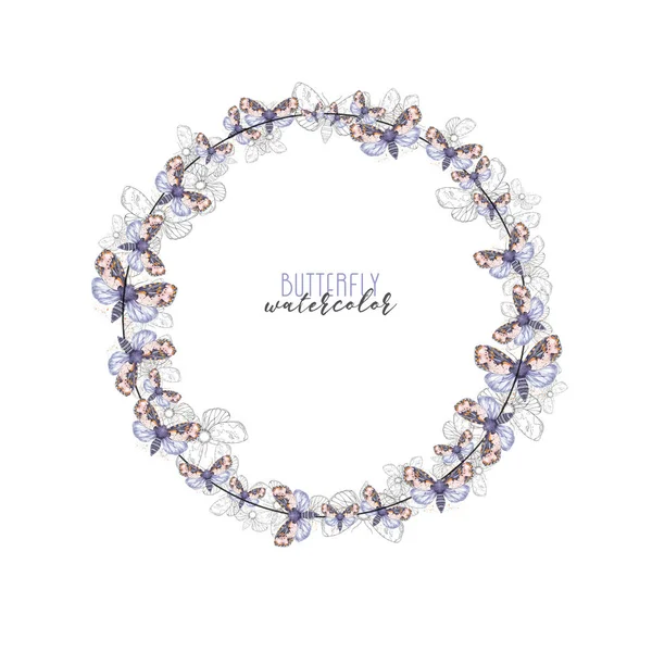 Moldura Decorativa Forma Círculo Borboletas Aquarela Lilás Impressão Para Parabéns — Fotografia de Stock