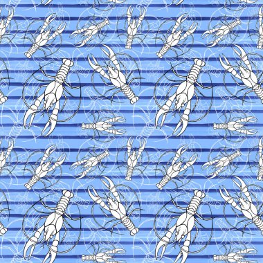 Arka plan, tasarım ve dekorasyon için yaz desen seamless modeli suluboya resim tarihinde bir deniz tema, kanser, ıstakoz, mavi çizgili, dalgalar, deniz, nehir kerevit çizgili