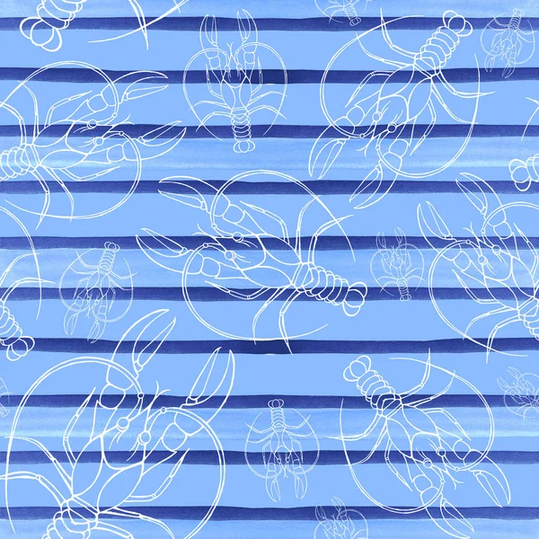 Watercolor drawing of a seamless pattern on a marine theme, cancer, lobster, river crayfish, with blue stripes, waves, sea, striped background, summer pattern, for design and decoration