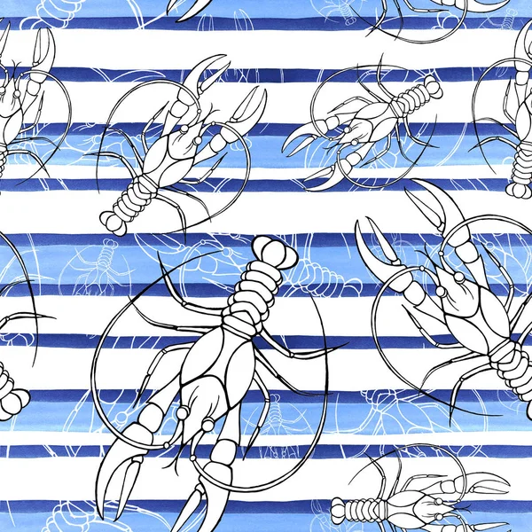 Arka plan, tasarım ve dekorasyon için yaz desen seamless modeli suluboya resim tarihinde bir deniz tema, kanser, ıstakoz, mavi çizgili, dalgalar, deniz, nehir kerevit çizgili