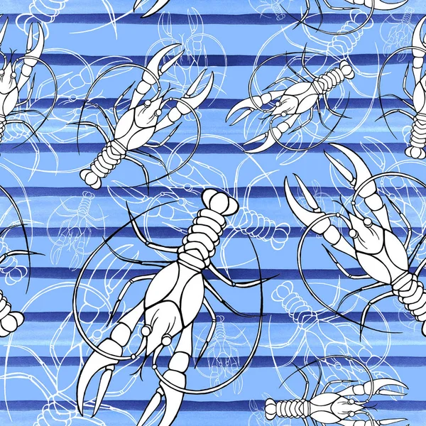 Arka plan, tasarım ve dekorasyon için yaz desen seamless modeli suluboya resim tarihinde bir deniz tema, kanser, ıstakoz, mavi çizgili, dalgalar, deniz, nehir kerevit çizgili