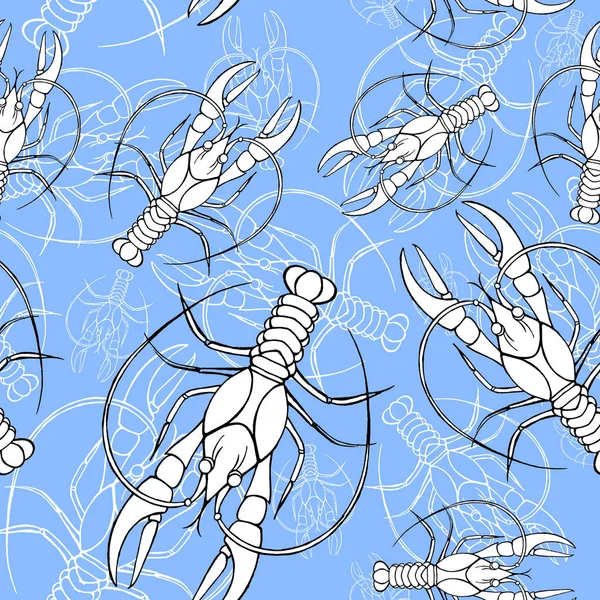 Watercolor drawing of a seamless pattern on a marine theme, cancer, lobster, river crayfish, with blue stripes, waves, sea, striped background, summer pattern, for design and decoration