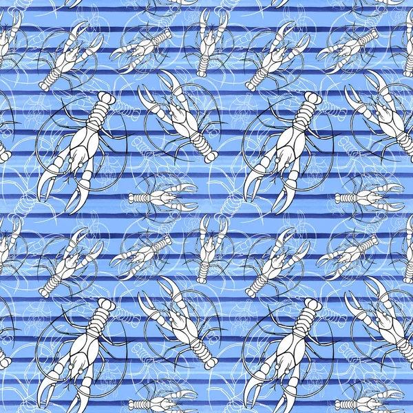 Watercolor drawing of a seamless pattern on a marine theme, cancer, lobster, river crayfish, with blue stripes, waves, sea, striped background, summer pattern, for design and decoration