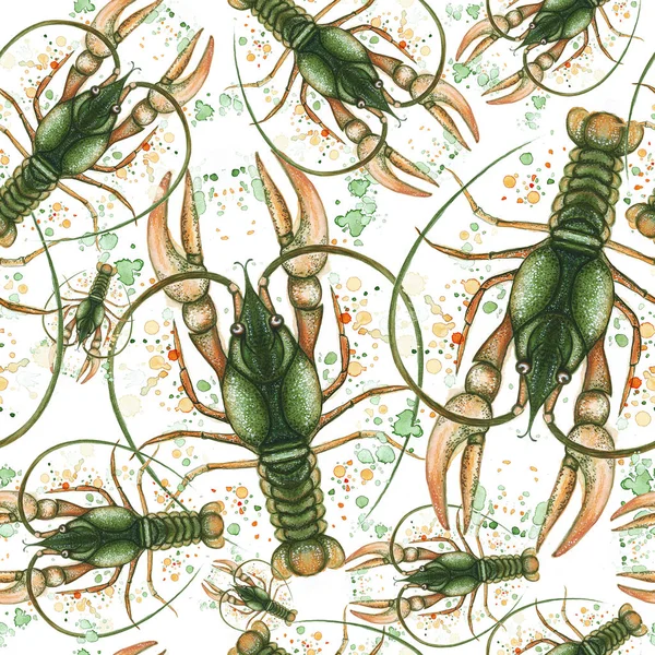 Watercolor pattern of seamless pattern on a marine theme and on a zodiac sign, cancer, lobster, river crayfish, green, detailed illustration, close-up, white background for decor and decoration