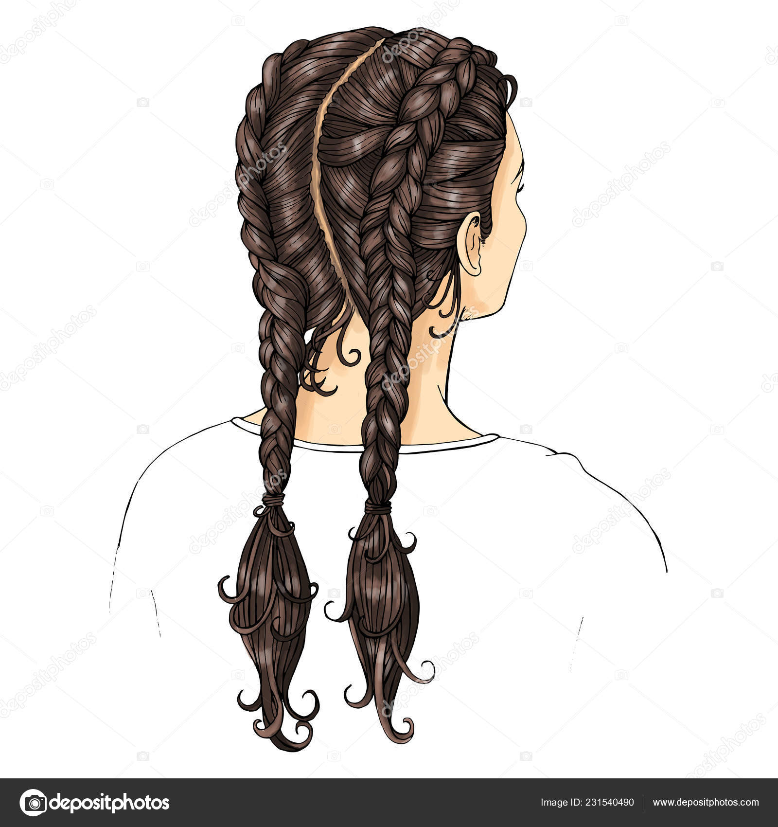 Haircut Two Long Braids Back View Black Hair Vector