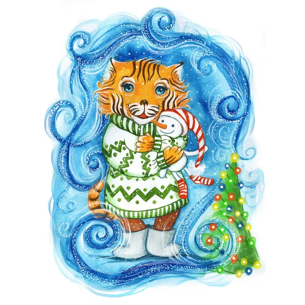 Watercolor Drawing New Year Christmas Tiger Green Sweater Toy Snowman — Stock Photo, Image