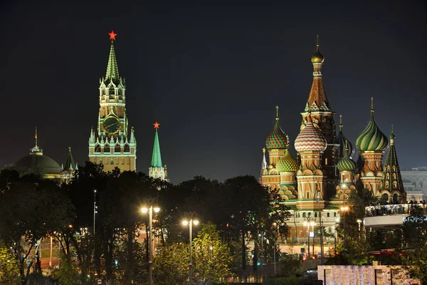 Moskau Russa Lichter Von Kremlin Rubinroten Sternen Und Erstaunliche Basilikum — Stockfoto