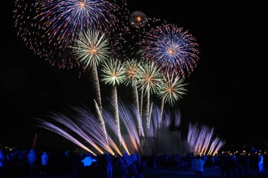 Uluslararası Festivali Circle of Light kürek kanalında kapanış töreni, Renkli krizantem, avuç içi ve kuyrukluyıldızlar var. Krylatskoye - Moskova, Rusya - muhteşem renkli havai fişek sırasında Japon Hanabi piroteknik üzerinde göster.