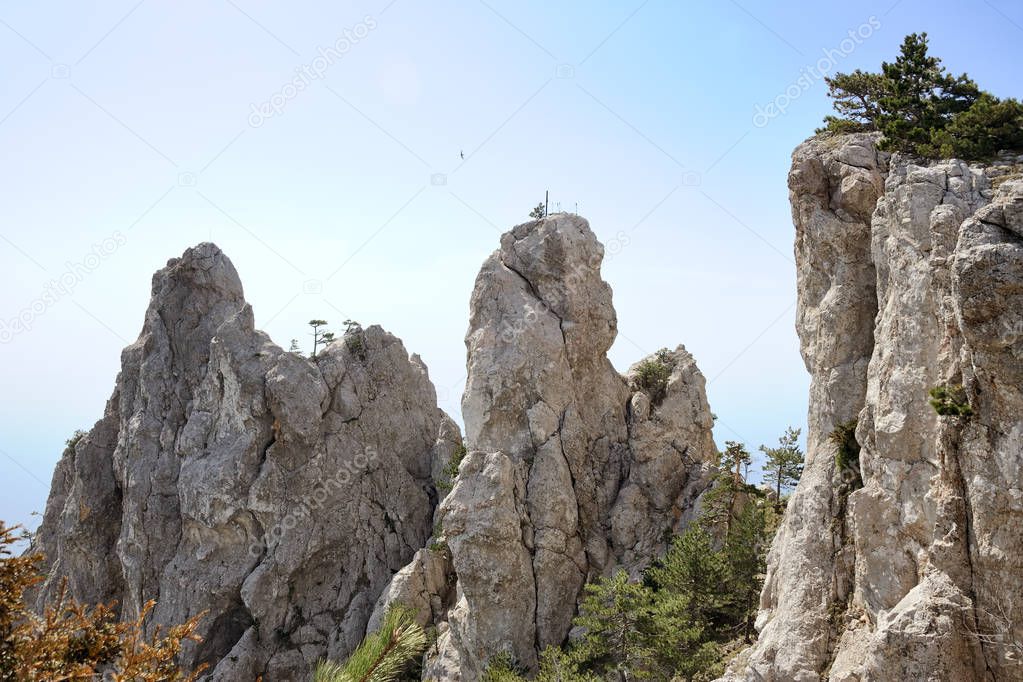 YALTA, CRIMEA - View of a bird flying over the famous figured teeth at the peak the highest point of Ai-Petri mountain, the peak in the Crimean Mountains.