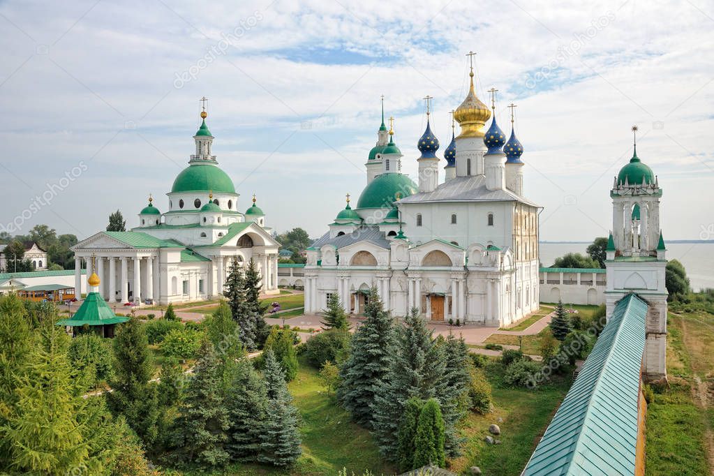ROSTOV VELIKIY, RUSSIA: Architectural ensemble of Spaso-Yakovlevsky (St. Jacob Savior) monastery from the South-West tower in a cloudy summer day. 