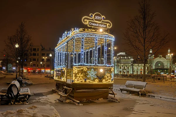Moscow Russia Eléctrico Ano Novo Iluminado Com Sinais 2019 Old — Fotografia de Stock