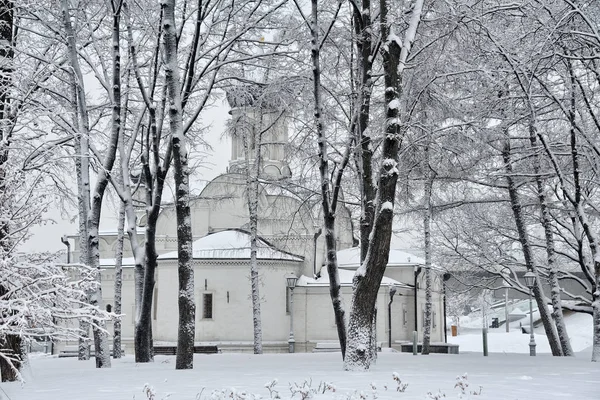Белая церковь Святой Анны повалила деревья после сильного снегопада — стоковое фото
