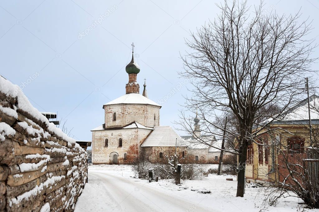 SUZDAL, RUSSIA -  Winter scene with the view of the 17th-century Church of the Exaltation of the Holy Cross in Korovniki, at the edge of city.