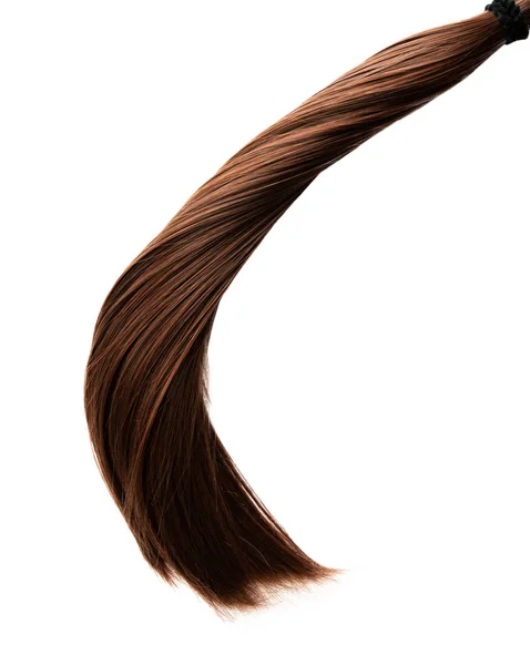 Hosszú egészséges egyenes barna haja lófarokba a fehér háttér — Stock Fotó