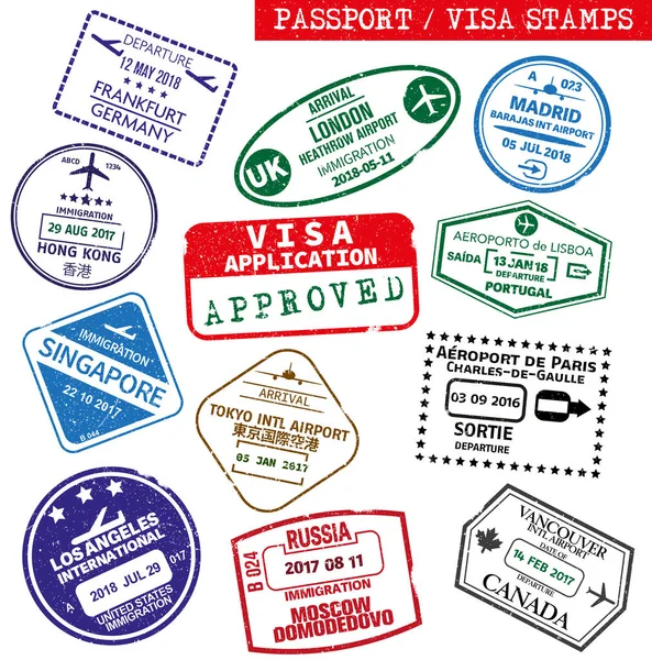 Conjunto de visa grunge y sello de goma pasaporte — Archivo Imágenes Vectoriales