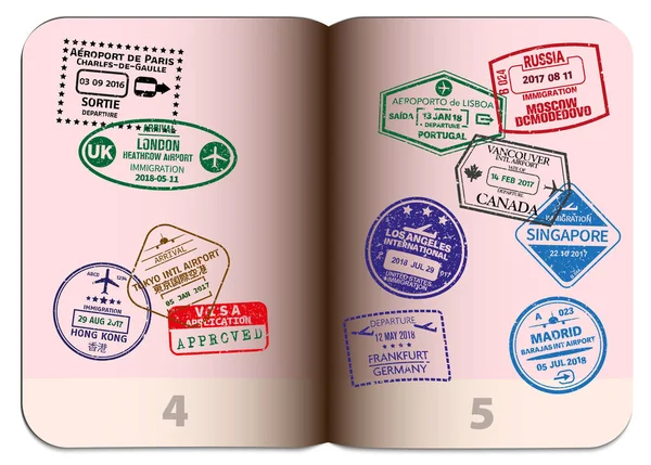 Pasaporte abierto con diferentes sellos de visa — Archivo Imágenes Vectoriales