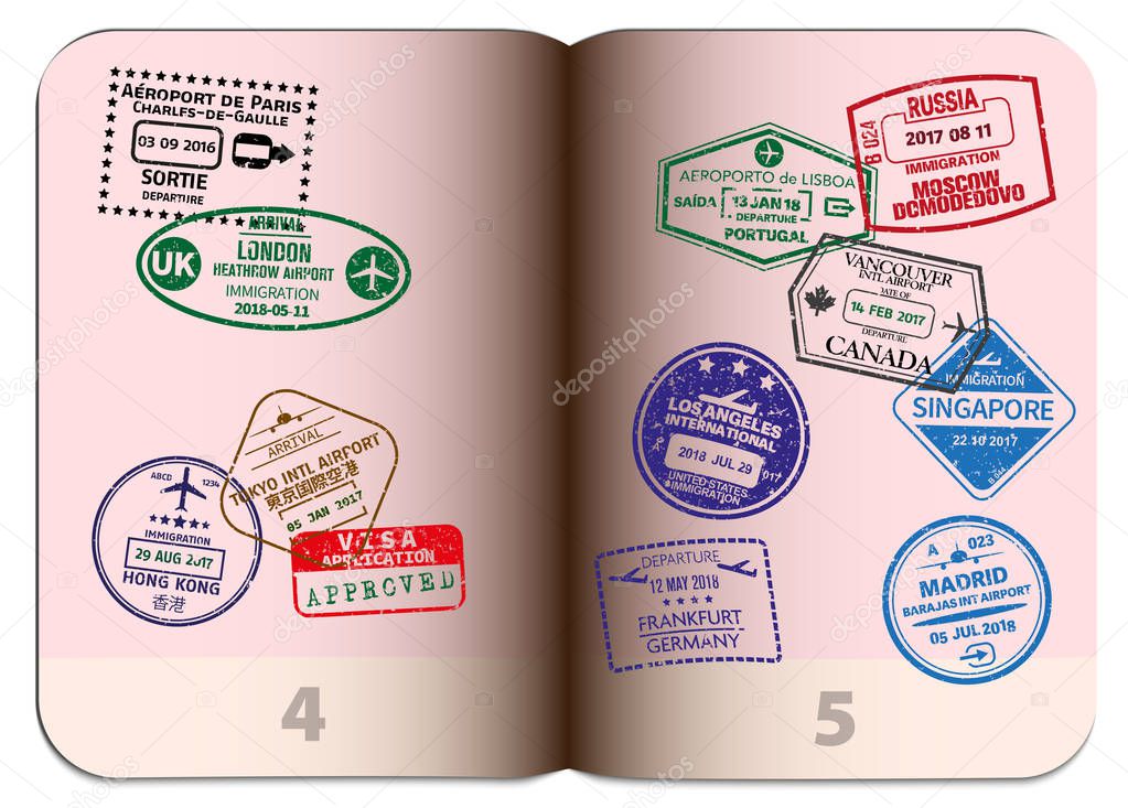 open passport with different visa stamps
