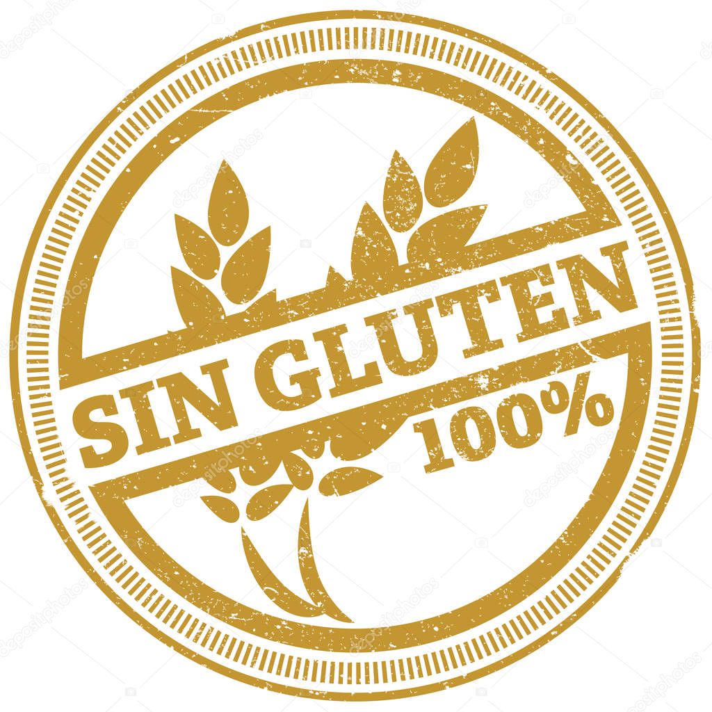 Golden grunge 100 percent gluten free rubber stamp with Spanish words SIN GLUTEN vector illustration