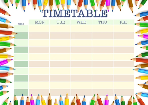 School tijdschema omgeven door kleurpotloden sjabloon — Stockvector