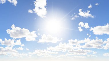 Mavi gökyüzü arkaplanı beyaz bulutlar ve parlak güneş