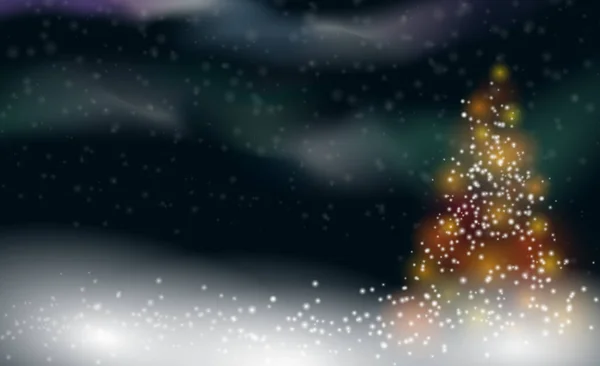 Fondo de Navidad de invierno nevado con árbol de Navidad iluminado y luz del norte — Vector de stock