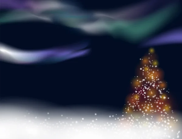 Sfondo natalizio invernale innevato con albero di Natale illuminato e luci del nord — Vettoriale Stock