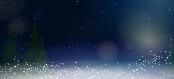 Ampio sfondo invernale con abeti, neve e luci circolari contro il cielo scuro — Vettoriale Stock