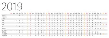temiz ve basit yatay yıl 2019 takvim