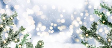 köknar twigs ve dairesel ışıklar şenlikli bulanık karlı kış Noel arka plan
