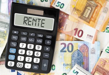 Almanca kelime Rente pansiyonda görüntüsünü cep hesap makinesine kağıt para karşı