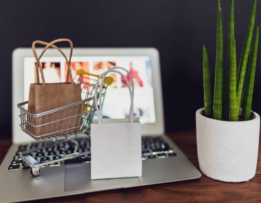 minyatür alışveriş kartı ve dizüstü bilgisayar üzerinde alışveriş torbaları ile online alışveriş kavramı