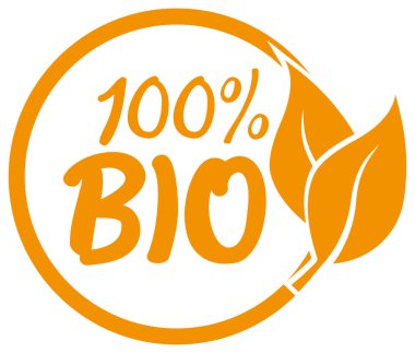 Turuncu yüzde 100 Bio etiket ya da pencere boyutu yazdırma beyaz arka plan üzerinde yaprakları ile yuvarlak