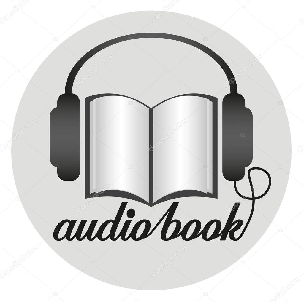 round audio book icon with earphones and paper book