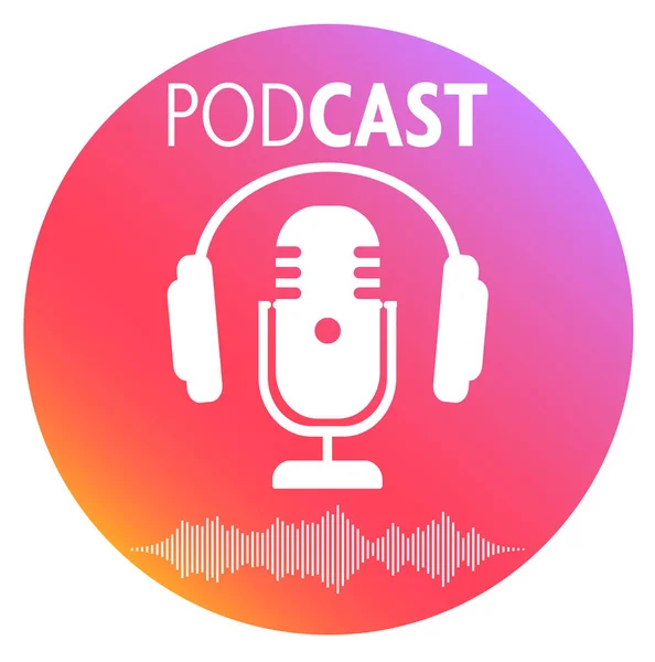 Símbolo de podcasting redondo com microfone, fone de ouvido e forma de onda de áudio — Vetor de Stock