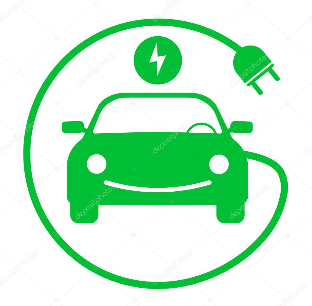 round green electric car with charging cable symbol