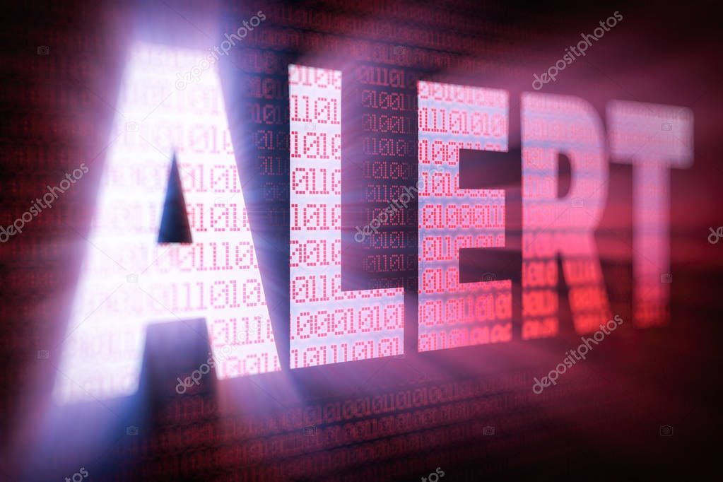 ALERT bright glowing word on computer screen filled with binary code