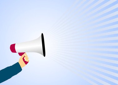 Açık mavi arka plana karşı el tutarak megafon veya Bullhorn