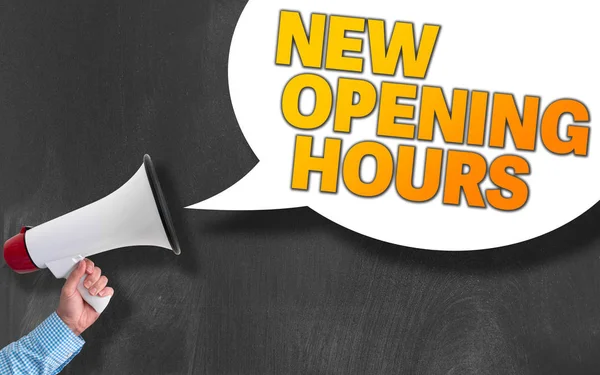 Megaphone or bullhorn against blackboard with text NEW OPENING HOURS in speech bubble — Stock Photo, Image